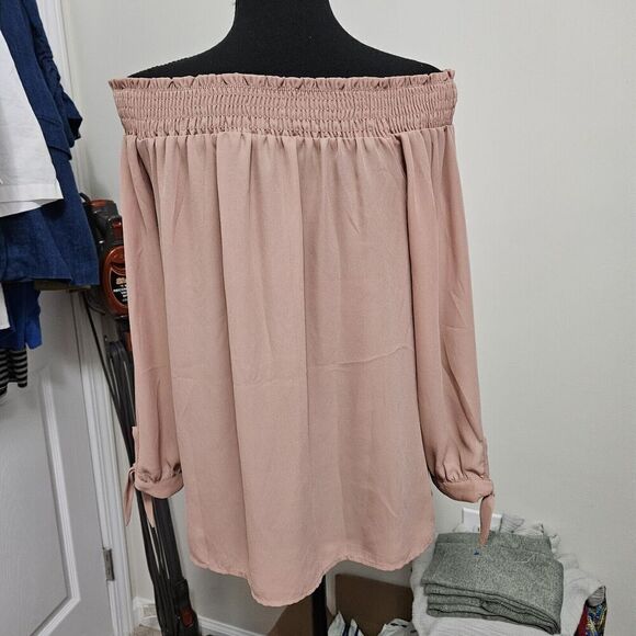 Women's Summer Blouse Tan Taupe 3/4 tie sleeve off shoulder size S by TIMING - Picture 2 of 8